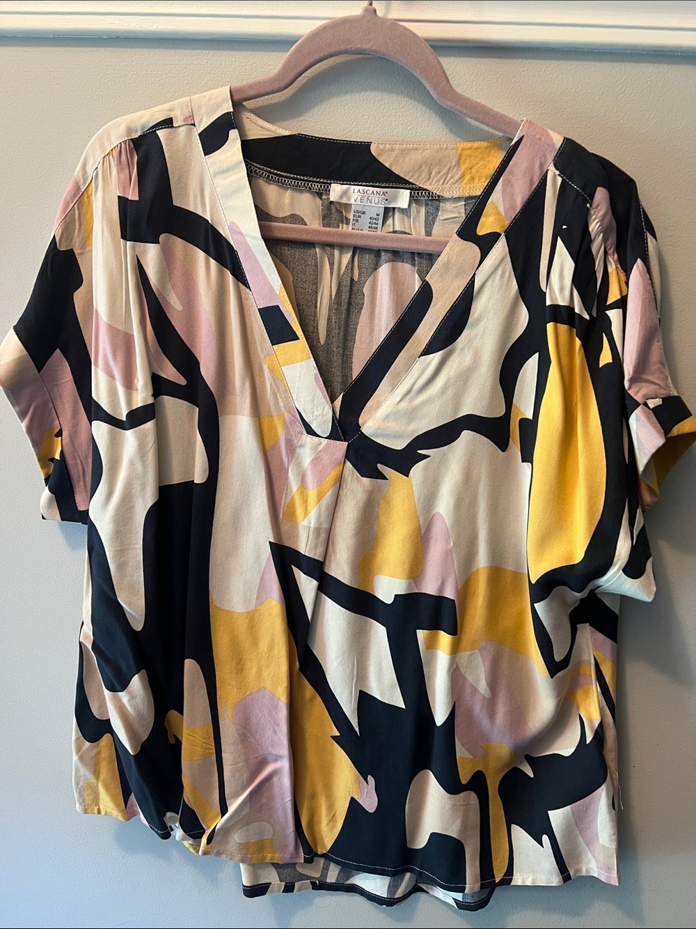 Lascana Abstract Print V-Neck Short Sleeve Top - Black/Ivory/Yellow